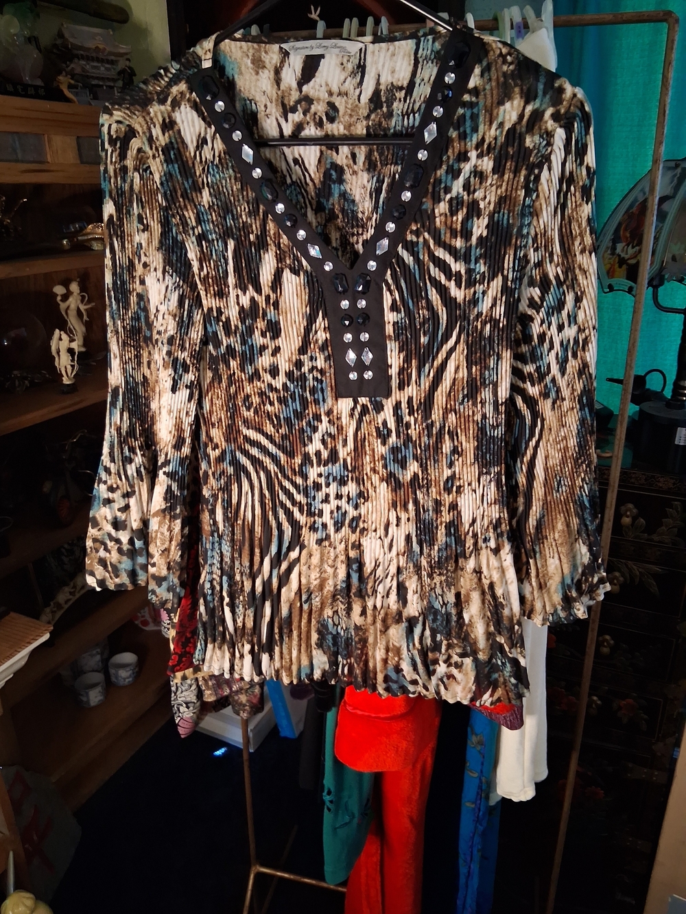 Signature by Larry Levine Pleated Animal Print Tunic Top - Beige Black Blue